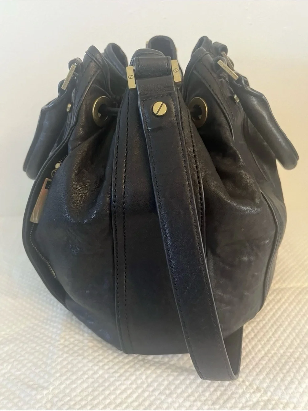 💚 Tory Burch Black Leather Shoulder Bag Gold Hardware Double Handles Bucket bag🩷